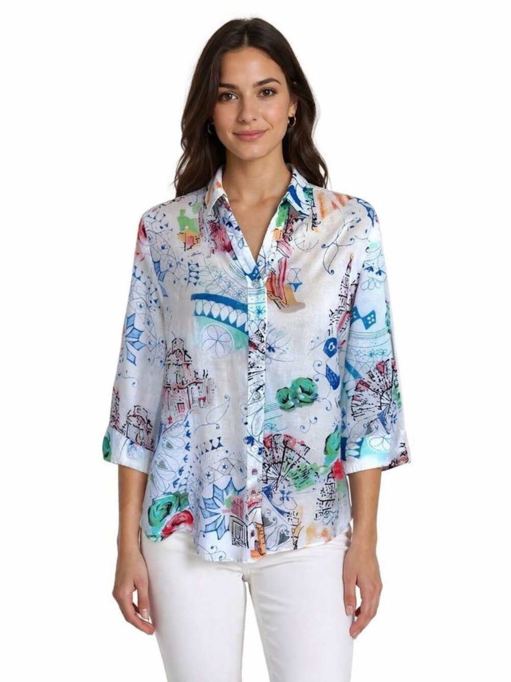 Chico’s White Multicolor Printed Button-Up Shirt Size 1 (8)